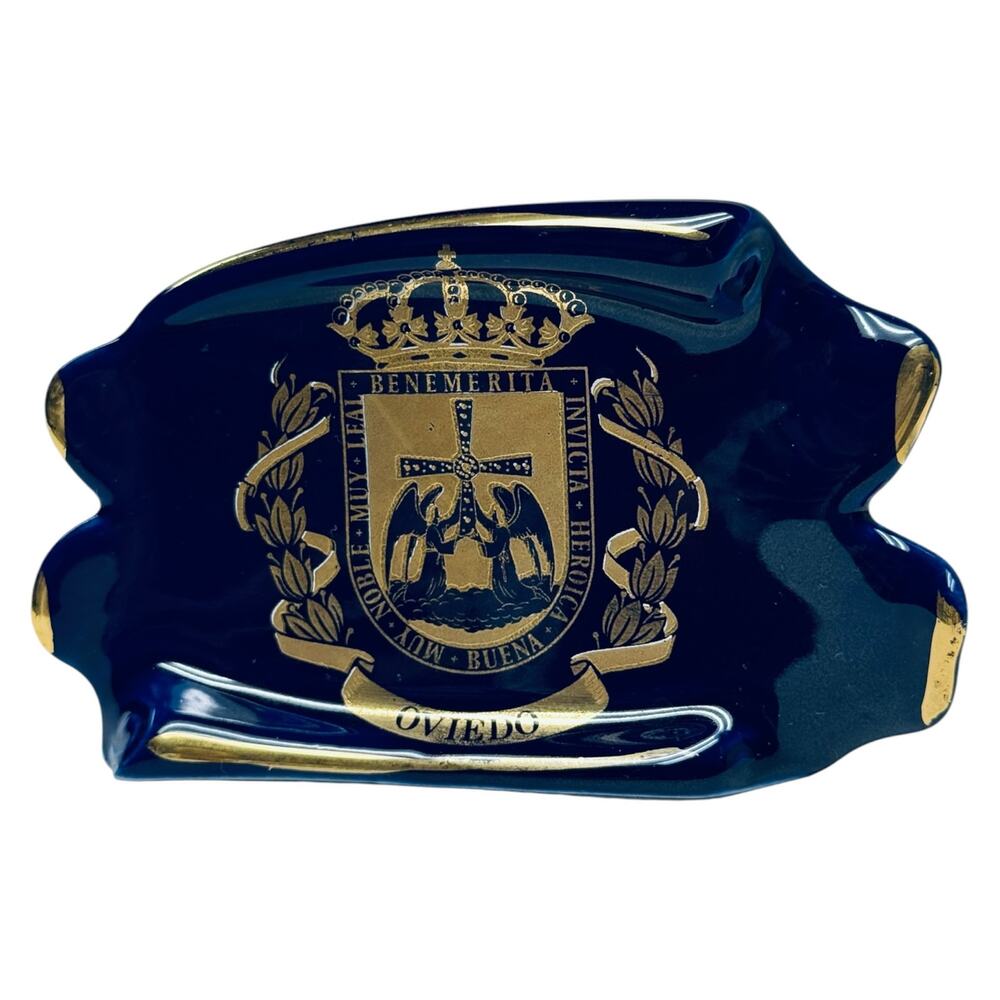 Heraldic Display Souvenir of Oviedo Spain Vintage 70s Cobalt Blue Gold Porcelain